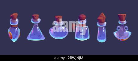 Empty magic potion bottle for fantasy game cartoon set. Witch glass elixir jar with cork for laboratory clipart collection. Isolated chemistry contain Stock Vector