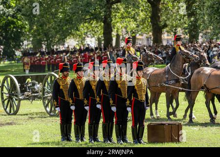 London, UK. 17th July, 2023. Troopers of the RHA regiment seen waiting for orders to fire their gun as part of the 41-gun salute for Her Majesty Queen Camilla's Birthday in Green Park, London. In London, the British Army mark Her Majesty The QueenÃ-s birthday with traditional gun salutes and music. The KingÃ-s Troop Royal Horse Artillery fire celebratory Royal Salutes at 12 noon. The Band of the Coldstream Guards perform music marking The QueenÃ-s special anniversary. This is the first formal birthday salute for Her Majesty since she became Queen. (Credit Image: © Ian Davidson/SOPA I Stock Photo