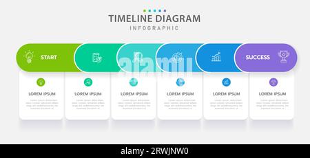 Infographic template for business. 6 Steps Modern Timeline diagram with roadmap and rounded rectangle topic charts, presentation vector infographic. Stock Vector