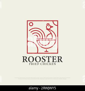 Outline Chicken Rooster restaurant logo design with grunge style, retro fried chicken restaurant icon vector illustration Stock Vector