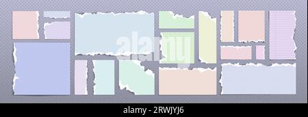 Strips and pieces of torn colored paper - clean, squared, lined and dotted scrap with broken and ripped edges. Realistic vector illustration set of cut square and rectangular notepad page fragments. Stock Vector