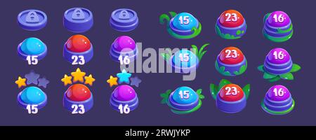 Game level progress indicator on green lawn. Vector cartoon illustration of  colorful buttons marked with numbers, closed locks and bonus golden stars  along road. Gaming user interface design element Stock Vector Image