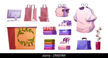 Fashion shop and cloth boutique interior vector. Store room design inside clipart isolated on white background. Commercial clothes showroom illustration with counter, bag, shoes and shirt to buy. Stock Vector