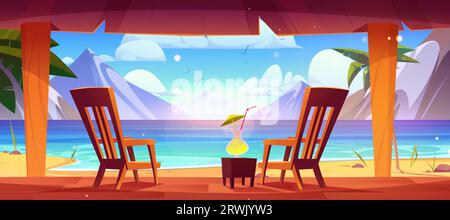 Two chairs and cocktail on terrace by sea or lake with mountains in horizon. Summer beach vacation. Landscape with hills and ocean, sand and palm trees, patio with sun loungers for couple and drink. Stock Vector