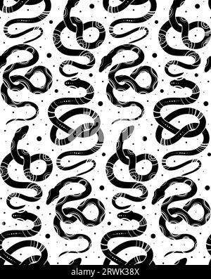 Vector seamless pattern with black celestial snake silhouettes with mystic decorations and stars on a white background with dots. Magic texture with Stock Vector