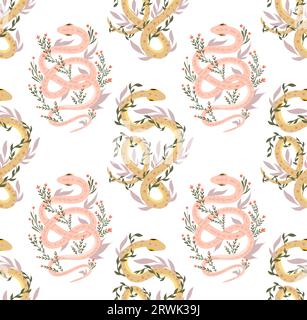 Vector seamless pattern with gentle snakes and herbs. Animalistic texture with pink and yellow serpents, stems and foliage on a white background Stock Vector