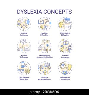 Editable colorful line icon set for dyslexia Stock Vector