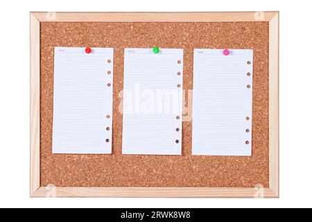 Corkboard with three blank paper notes, isolated on white background Stock Photo