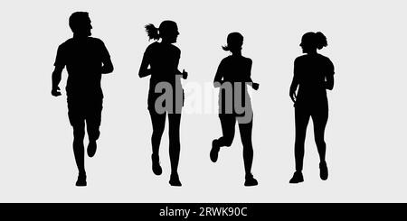 Happy family Running silhouette, Black and white vector design Stock Vector