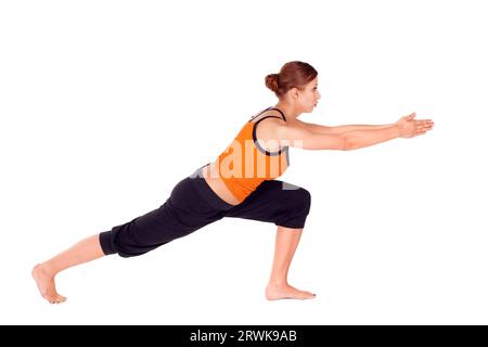 woman practicing first stage of yoga exercise called warrior pose 3 sanskrit name virabhadrasana iii isolated on white 2rwk9ab