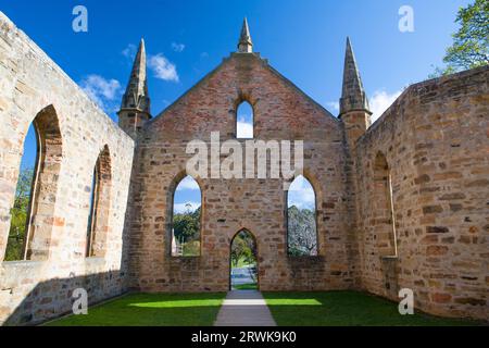Ancient ruins of a church at Port Arthur in Tasmania, Australia Stock Photo