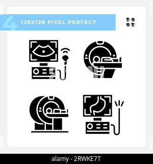 Medical imaging technology pixel perfect black glyph icons set on white space Stock Vector
