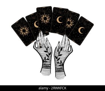 The witch lays out tarot cards. Two female hands and a mystical deck of cards with the moon and sun. Magic hand drawing, vector isolated on white back Stock Vector
