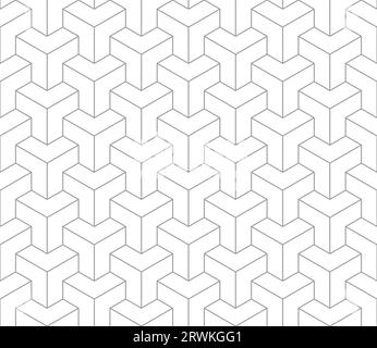 Geometric line tile seamless pattern. Isometric modern cube grid background. White and black texture. Vintage herringbone wooden floor. Mosaics tile Stock Vector