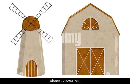 set of digital farm barn house and windmill tower for keeping animals or agricultural equipment. Cartoon rural building. Hand drawn Illustration Stock Photo