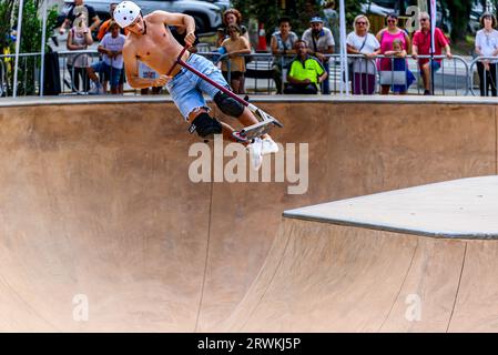 Igualada, Barcelona; July 16, 2023: Championship of Catalonia of Scooter Street, Park Junior and About, in the Skate Park of Igualada Stock Photo