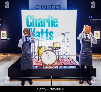 London, UK. 20th Sep, 2023. (estimate: £10,000-15,000).Drum kit that Charlie Watts used as his main touring kit with The Rolling Stones from circa 1978 to 2019 -on loan from The Rolling Stones (not part of the collection or sales) Auction comprising an extraordinary library of modern first editions together with landmarks from the world of jazz, collected by renowned musician and Rolling Stones drummer Charlie Watts. 29 Sep 2023.Paul Quezada-Neiman/Alamy Live News Credit: Paul Quezada-Neiman/Alamy Live News Stock Photo
