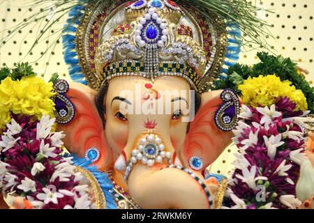 Ganpati idol on the occasion of Ganesh Chaturthi. The face of lord ganesha on the ganpati festival. Stock Photo