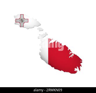 Vector isolated illustration with Malta national flag with shape of Maltese map (simplified). Volume shadow on the map. White background Stock Vector