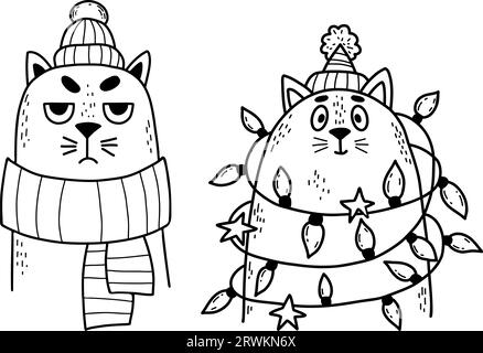 Collection winter cats. Happy cat in Christmas garland and an unhappy sad kitten in knitted hat and scarf. Vector illustration. isolated outline hand Stock Vector