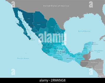 Vector illustration. Simplified geographical  map of Mexico (United Mexican States) and nearest countries (USA, Belize and etc). Blue background of Pa Stock Vector