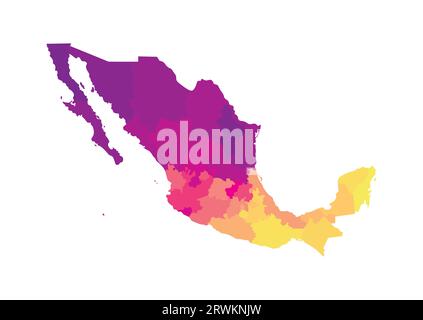 Vector isolated illustration of simplified administrative map of Mexico (United Mexican States). Borders of the regions. Multi colored silhouettes. Stock Vector