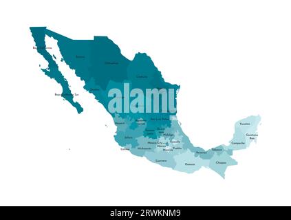 Vector isolated illustration of simplified administrative map of Mexico (United Mexican States). Borders and names of the regions. Colorful blue khak Stock Vector