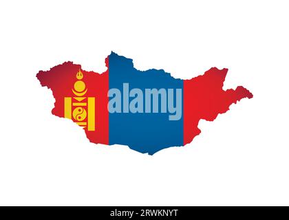 Vector illustration with Mongolia national flag with shape of map (simplified). Volume shadow on the map. Stock Vector