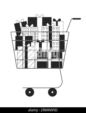 Shopping trolley with giftboxes black and white 2D line cartoon object Stock Vector