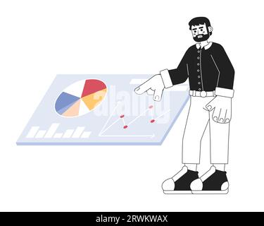 Bearded caucasian man touching data dashboard black and white 2D cartoon character Stock Vector