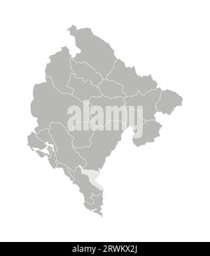 Vector isolated illustration of simplified administrative map of Montenegro. Borders of the provinces (regions). Grey silhouettes. White outline. Stock Vector