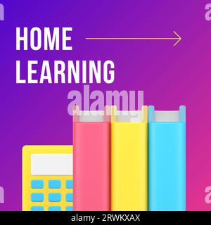 Home learning online distance education book calculator social media post design template 3d realistic vector illustration. Internet studying remotely Stock Vector