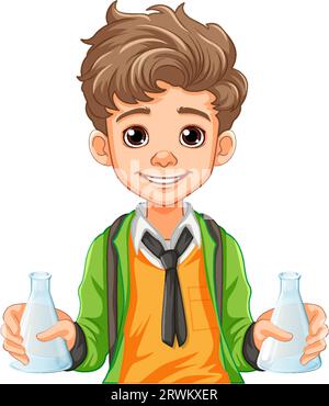 Male student cartoon holding conical flask on science class experiment illustration Stock Vector