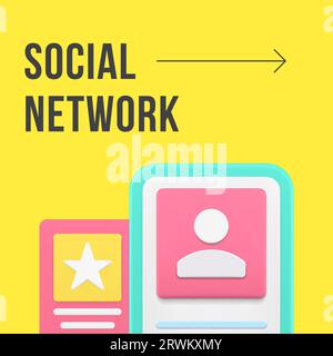 Social network mobile phone application user account media post design template 3d realistic vector illustration. Blogging follow subscribe internet p Stock Vector