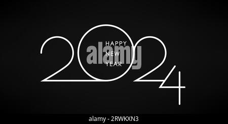 2024 Happy New Year Greeting Card Design. White 2024 Happy New Year Lettering on Black Background. Holiday Creative Text Black and White Numbers. Vect Stock Vector