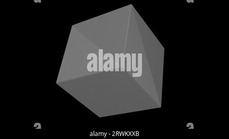 3D grey cube on black backdrop. White cube consists of thousands of small balls. Science tutorial concept. Abstract backdrop for logo, title, presenta Stock Photo