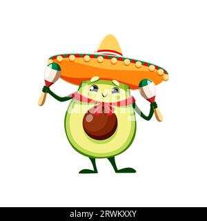 Cartoon kawaii mexican avocado character, funny mariachi fruit with maracas wearing sombrero hat. Isolated vector charro latino artist personage perform musical concert at fiesta holiday celebration Stock Vector