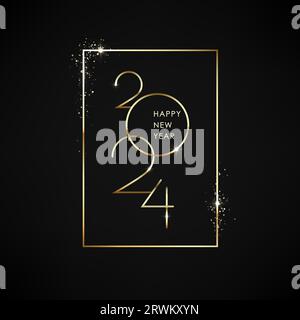Gold lettering 2024 happy New Year. Holiday greeting card design with gold frame and text inside. Vector illustration Stock Vector