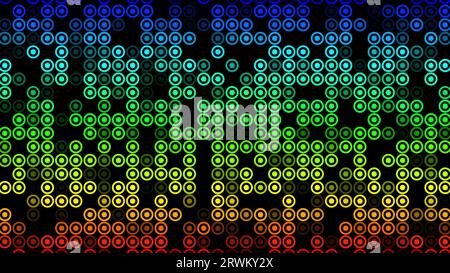 Multicolored flashing circles on a black background. Abstract festive background for advertising, congratulations, text. Colorful creative flat dynami Stock Photo