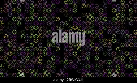 Multicolored flashing clocks on a black background. Abstract festive background for advertising, congratulations, text. Colorful creative flat dynamic Stock Photo