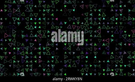Colored flashing rotating triangles on black bg. Abstract festive background for advertising, congratulations, text. Colorful creative flat dynamic sh Stock Photo