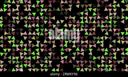 Colored flashing rotating triangles on black bg. Abstract festive background for advertising, congratulations, text. Colorful creative flat dynamic sh Stock Photo