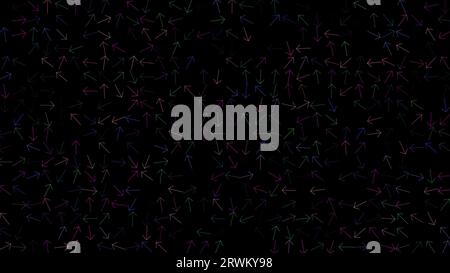 Colored flashing rotating arrows on black bg. Abstract festive background for advertising, congratulations, text. Colorful creative flat dynamic shape Stock Photo