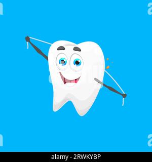 Cartoon tooth character with dental floss cleaning teeth for hygiene care, vector icon. Dental clinic poster for healthy teeth and cleaning with white smiling tooth character for kids dentistry Stock Vector