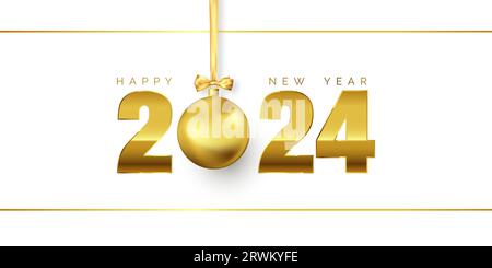 Happy New Year holiday greeting card. Golden text 2024 with Christmas ball on gold ribbon with bow. 2024 festive template. Vector illustration isolate Stock Vector