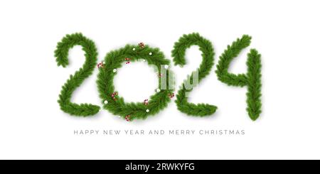 Happy New 2024 Year and merry Christmas. 2024 lettering by spruce branch and Xmas wreath instead zero with Christmas balls and lollipop. Vector illust Stock Vector