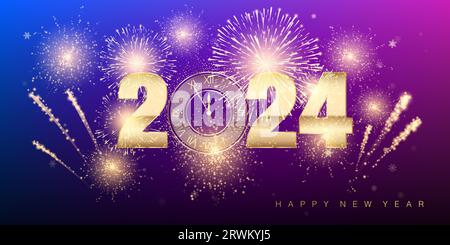 2024 New Year countdown. Holiday banner with fireworks and snowflakes. Gold numbers and holiday clock. Explosion of fireworks on new years eve. Vector Stock Vector