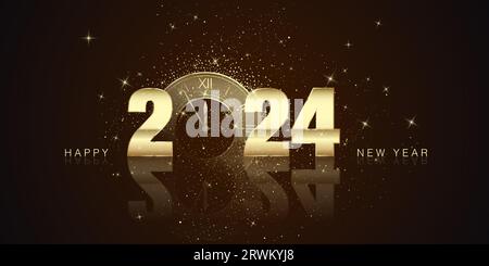 Happy New Year and Merry Christmas concept. Golden text 2024 with clock countdown instead zero. Holiday greeting card design. Vector illustration Stock Vector