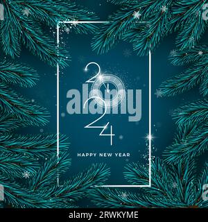 Happy New 2024 Year. Holiday background with spruce branch and falling snowflakes. White frame and 2024 lettering with clock countdown instead zero. V Stock Vector