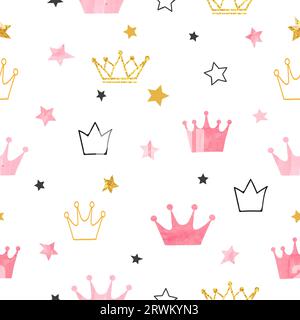 Little princess seamless pattern with pink crowns and stars. Stock Vector